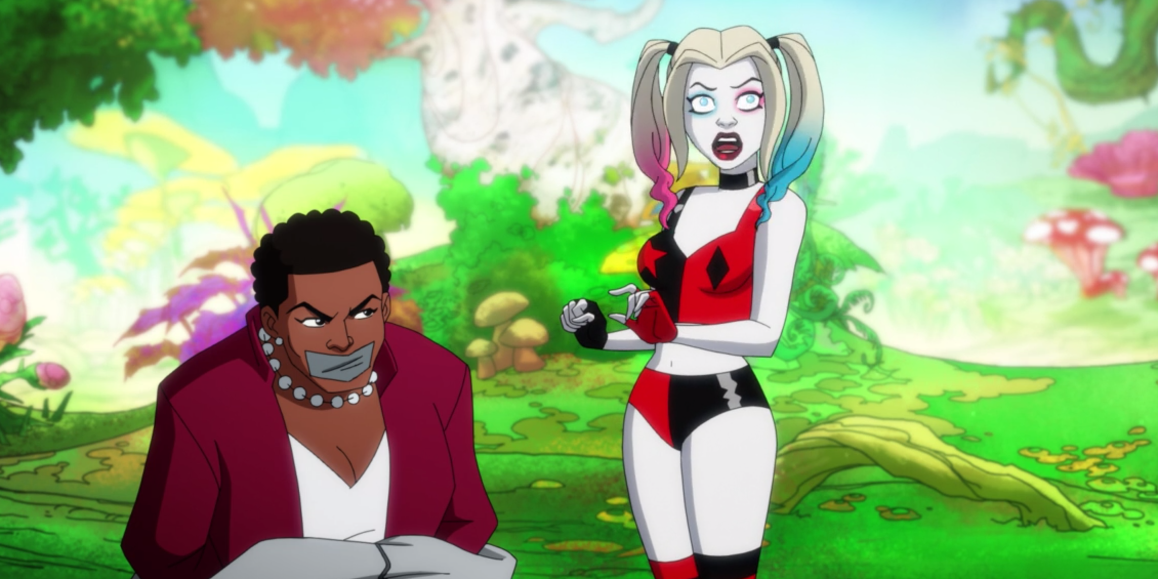 Harley gesturing to a kidnapped Amanda Waller in Harley Quinn