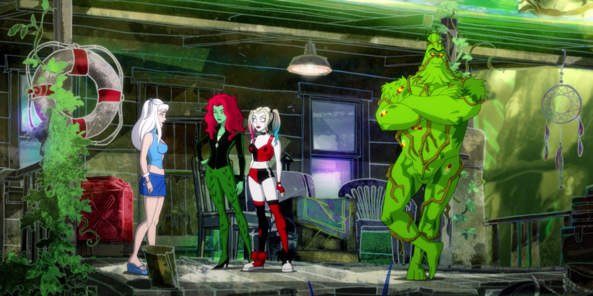 Nora Fries, Ivy, and Harley talking while Swamp Thing lounges in the back in Harley Quinn