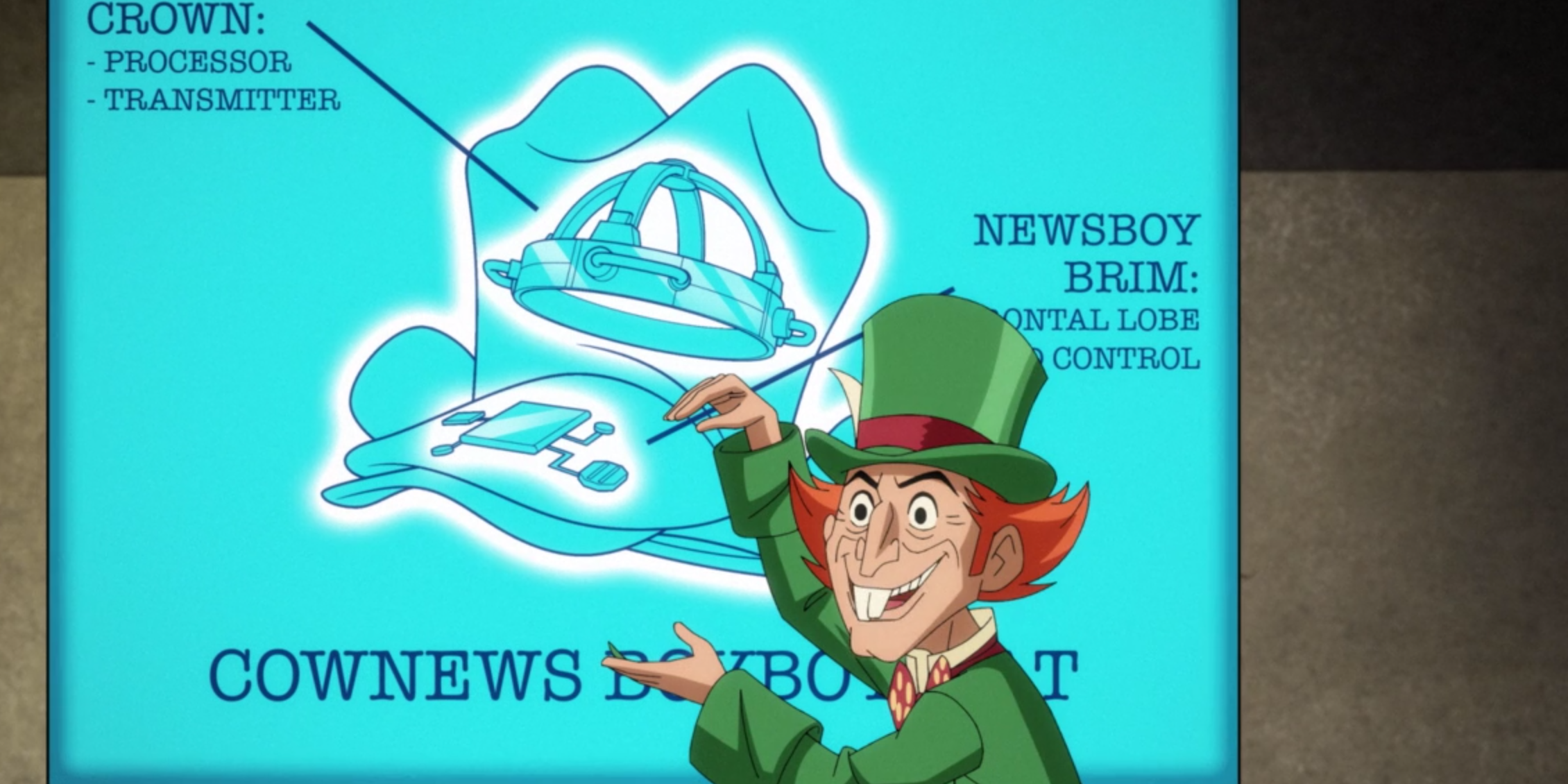 Mad Hatter explaining his plan in Harley Quinn