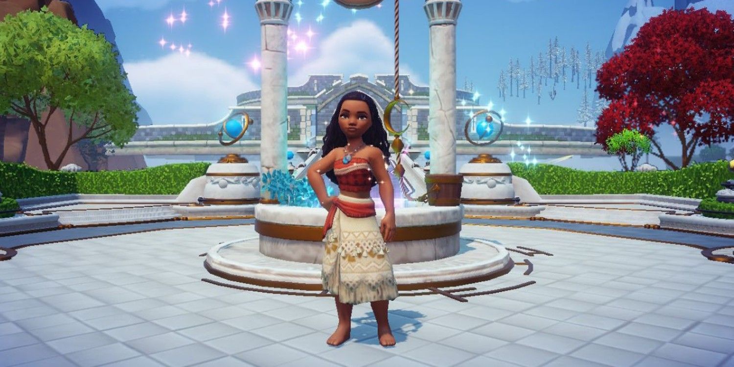 Uma imagem de Moana em pé na praça da cidade no Disney Dreamlight Valley