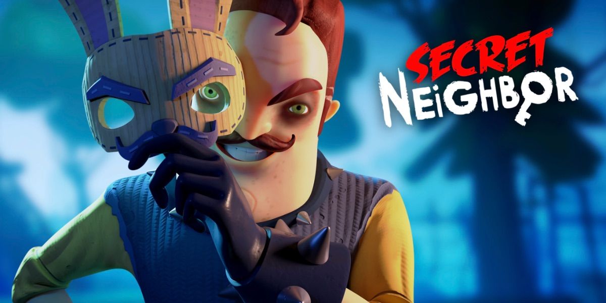 A man holds a mask in front of his face from Secret Neighbor 