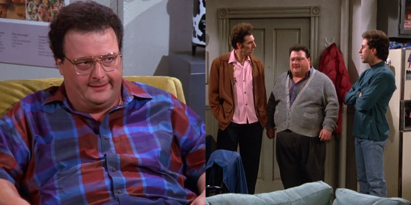 Split image of Newman looking upset and standing with Kramer and Jerry on Seinfeld
