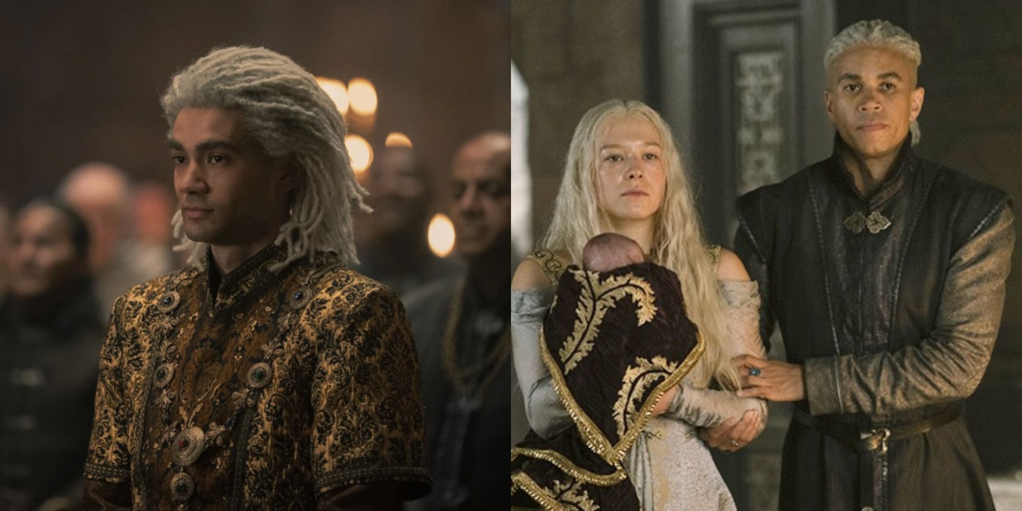 Split image showing young Ser Laenor Velaryon and old Laenor with Rhaenyra and their baby in House of the Dragon.
