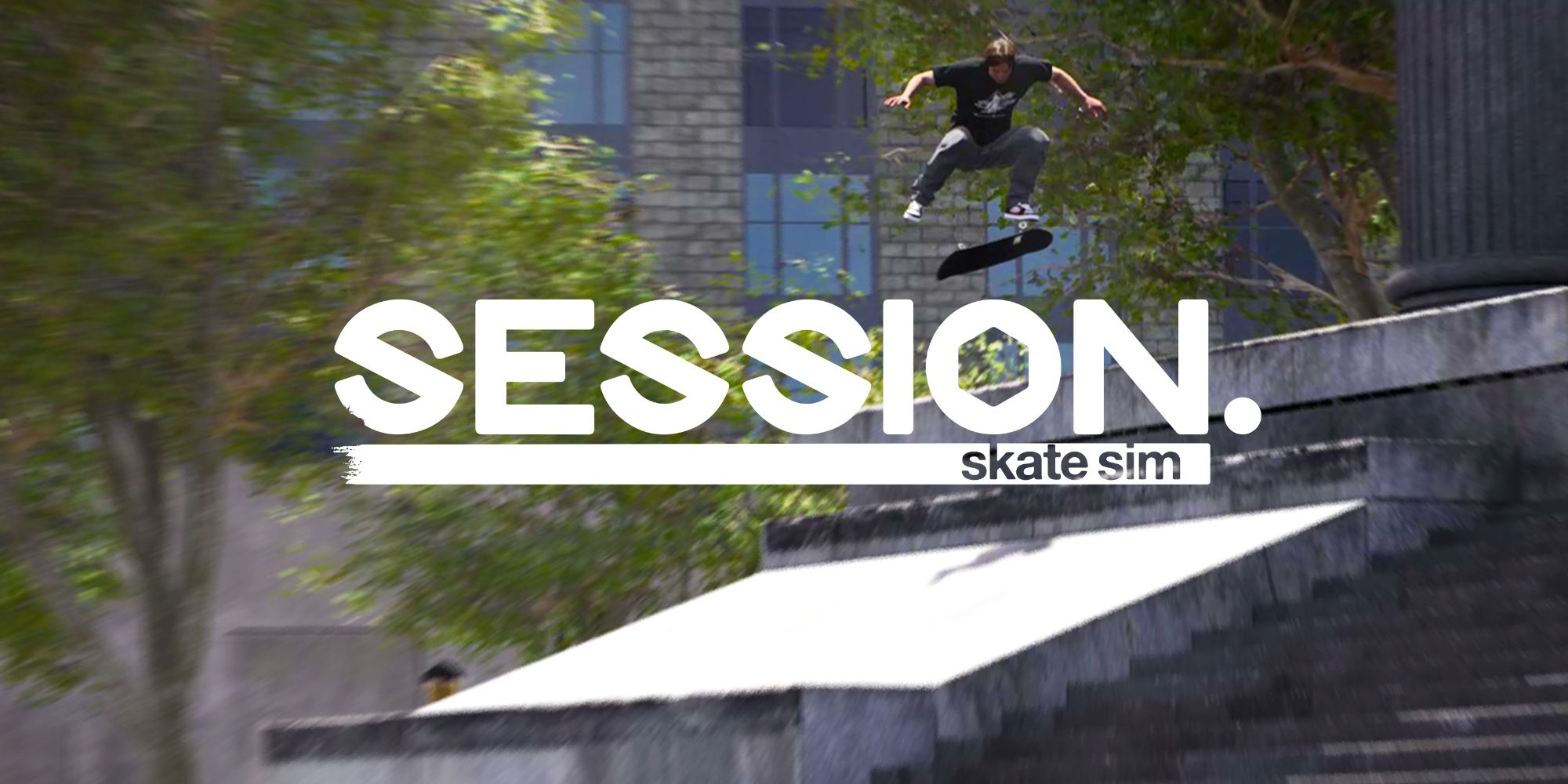 Session Skate Sim Review skatista pulando sobre o título e descendo escadas