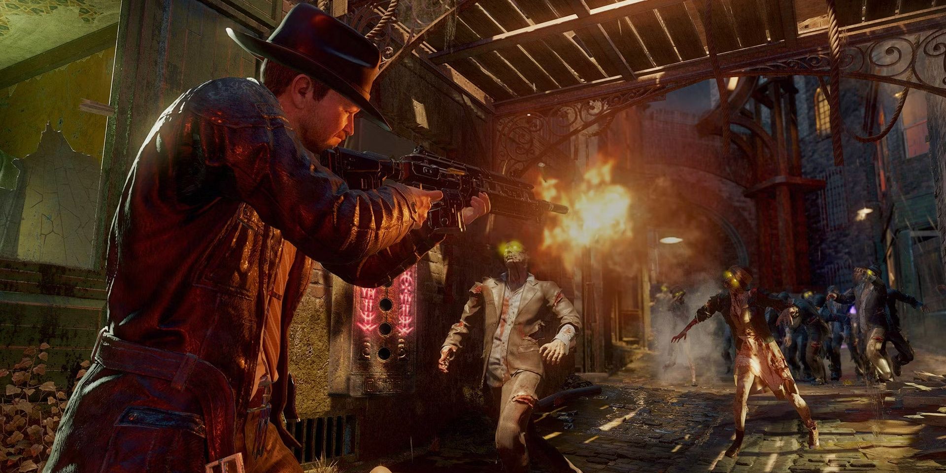 A fedora wearing player gunning down zombies from the video game Call of Duty Black Ops 3.