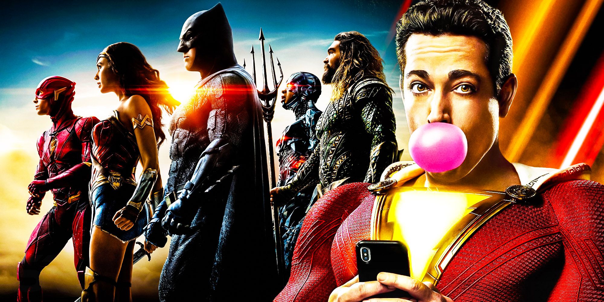 Split Image of the Justice League (Batman, the Flash, Aquaman, Wonder Woman, and Cyborg); Shazam (Zachary Levi) blows a bubble in his gm