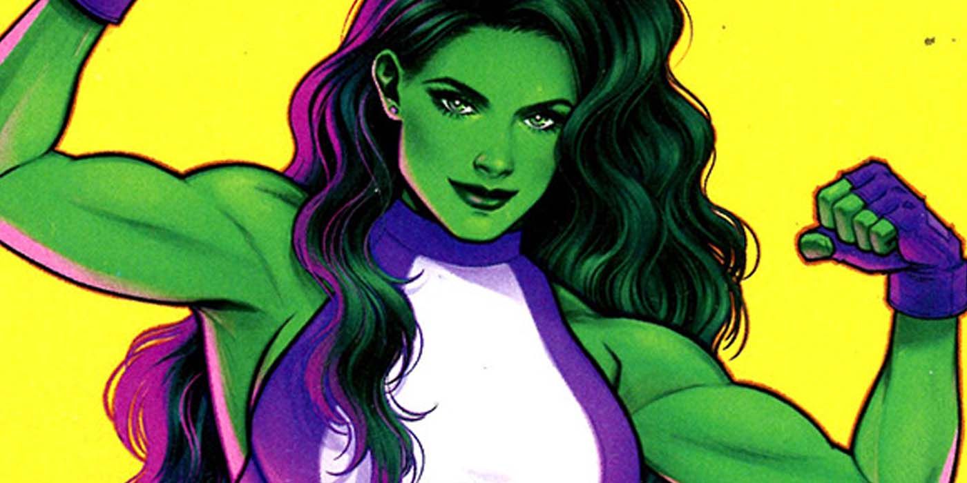 She-Hulk flexes her arms in Marvel Comics.