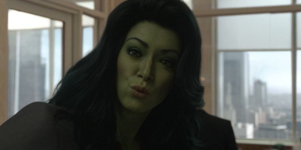 She-Hulk talks to the audience in her office