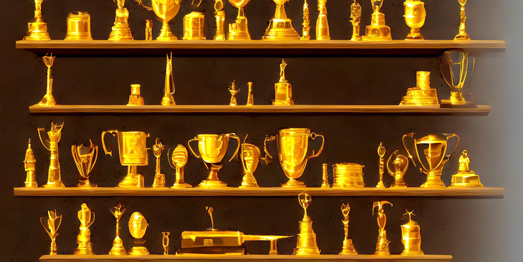 Prateleiras cheias de troféus de ouro