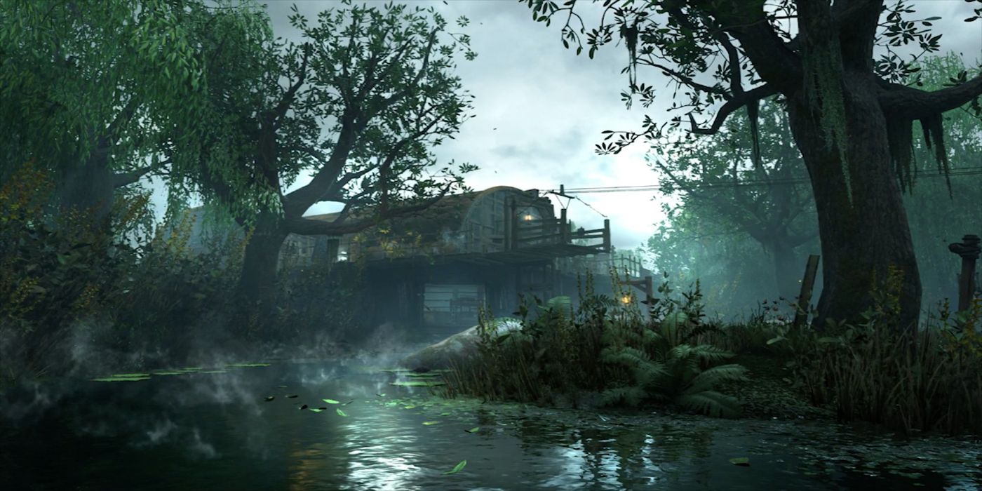 A screenshot of a swamp in the Shi No Numa map from Call of Duty: Black Ops 3.