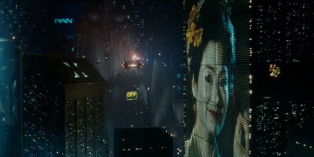 Shot of a city skyline in Blade Runner