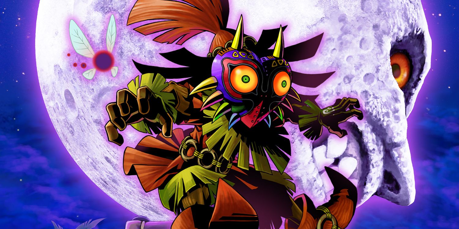 Skull Kid wearing Majora's Mask, with a background of the crashing moon.