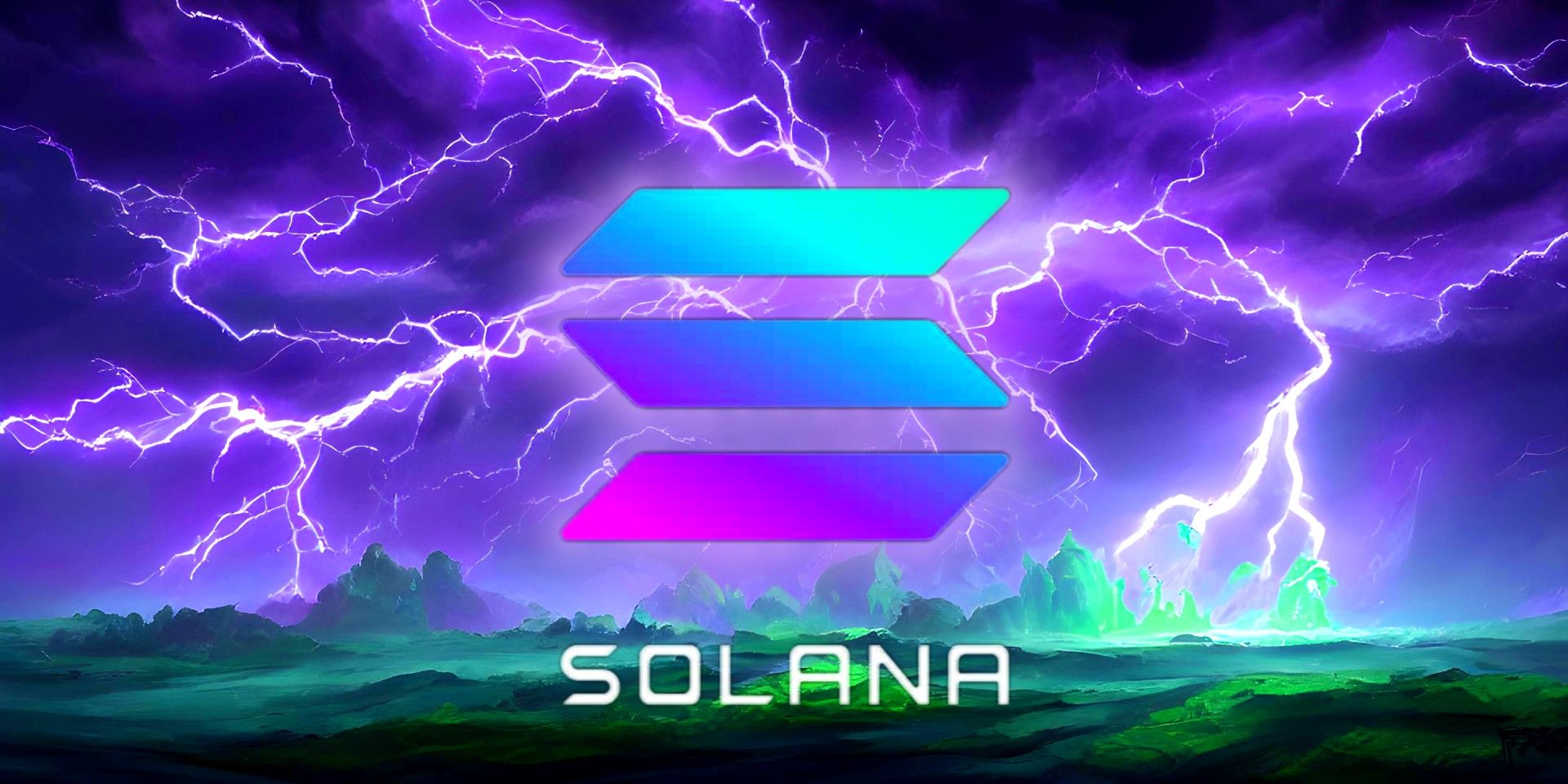 Solana logo in a purple lightning storm on a green-colored rocky landscape, AI generated art