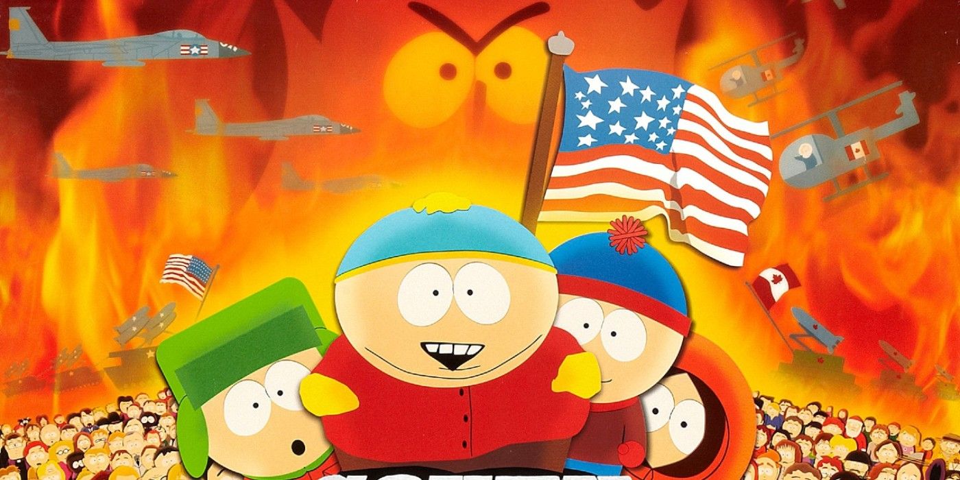 The kids from South Park stand in front of a crowd from the movie