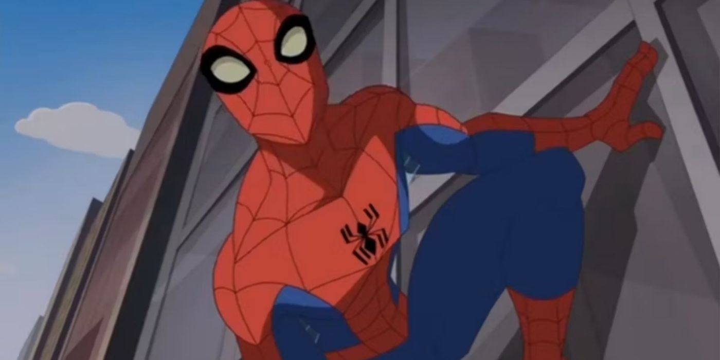 Spider-Man clings to the side of a building in The Spectacular Spider-Man.