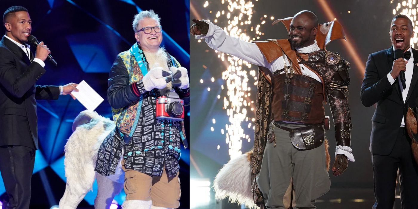 Split Image Drew Carey as Llama and Wayne Brady as Fox on The Masked Singer