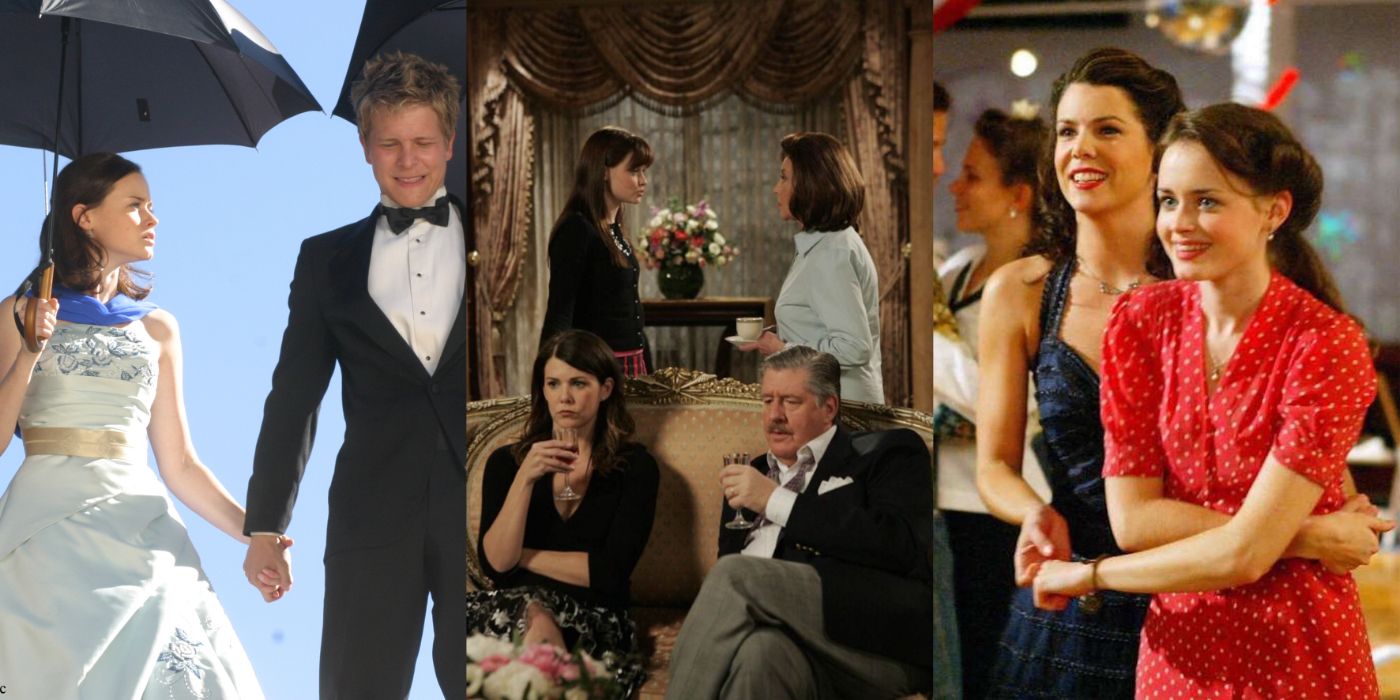 Split Image Gilmore Girls Rory and Logan, The Gilmores Fighting, and Lorelai and Rory Dancing.