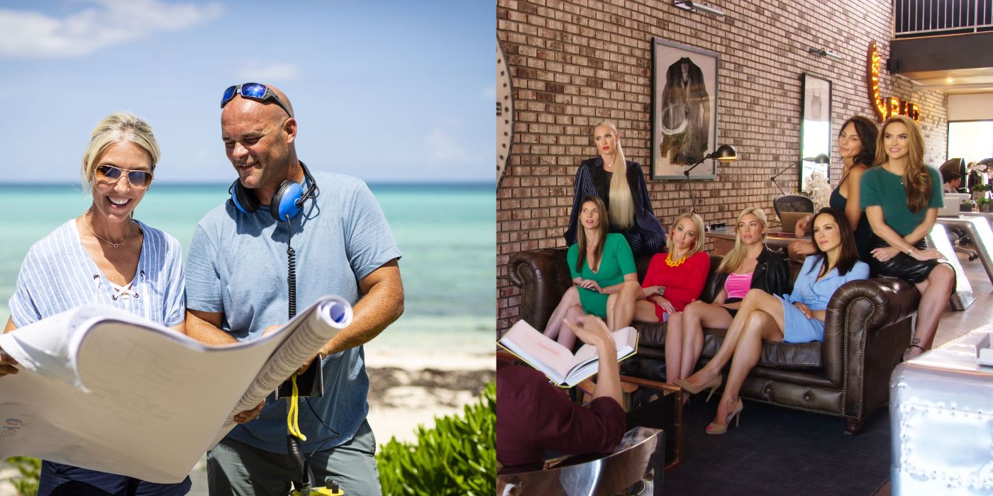 Split image of the Baeumler's reading blueprints on Renovation Island and the staff having a meeting on Selling Sunset