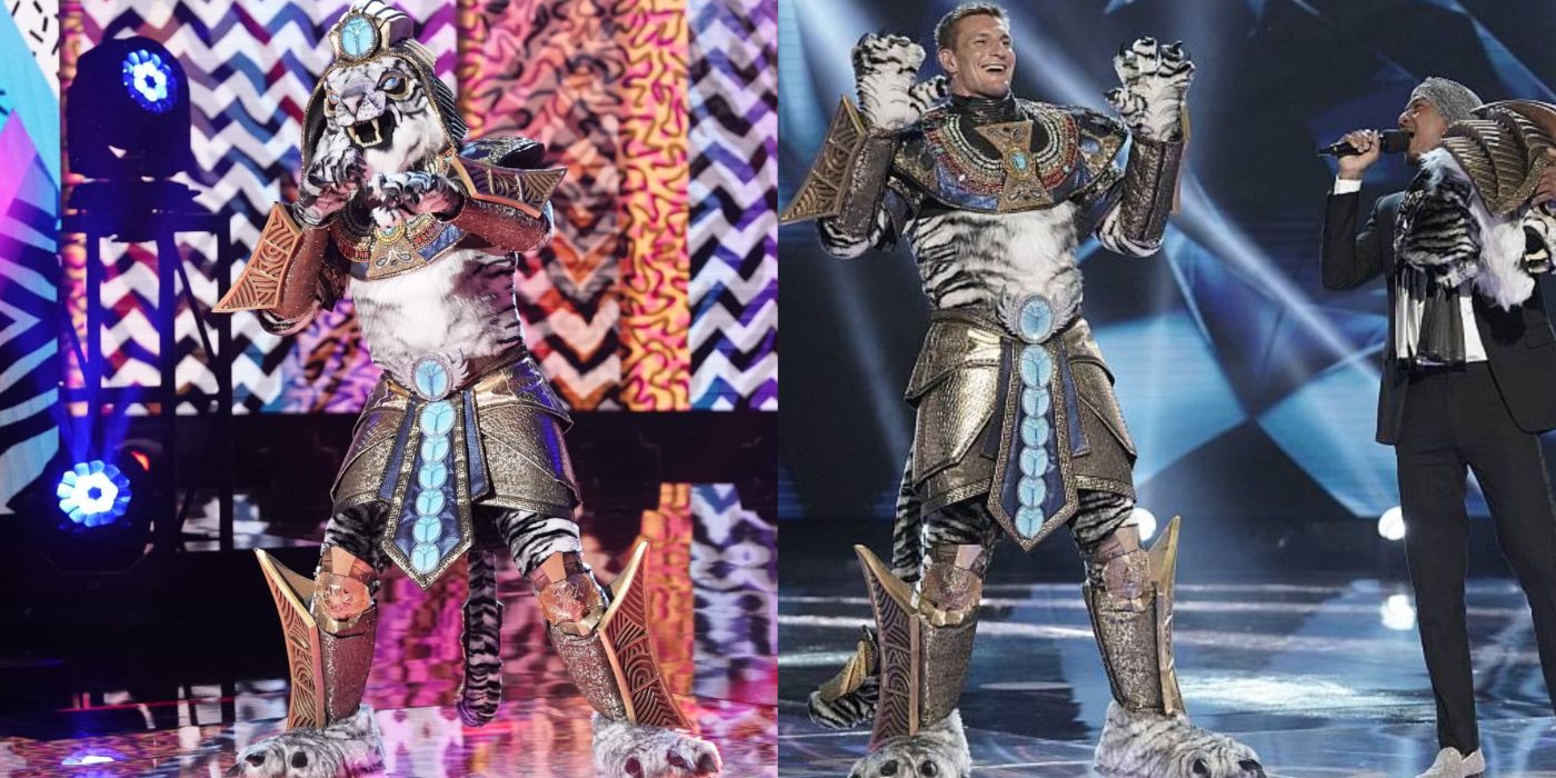 Split Image Rob Gronkowski as White Tiger on The Masked Singer