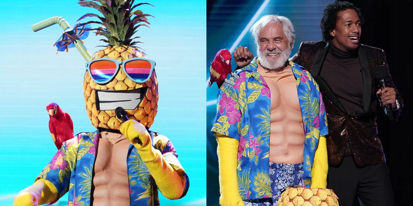 Split Image Tommy Chong as Pineapple on The Masked Singer