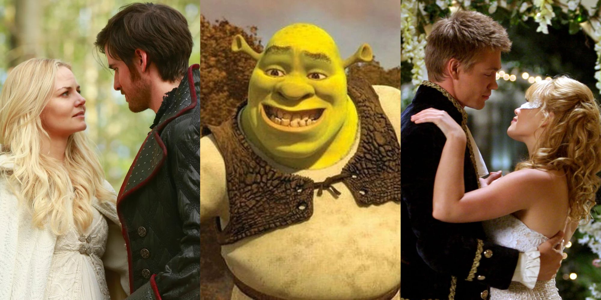 Split Image of Emma and Hook from OUAT, Shrek smiling, and Sam and Austin dancing in A Cinderella Story