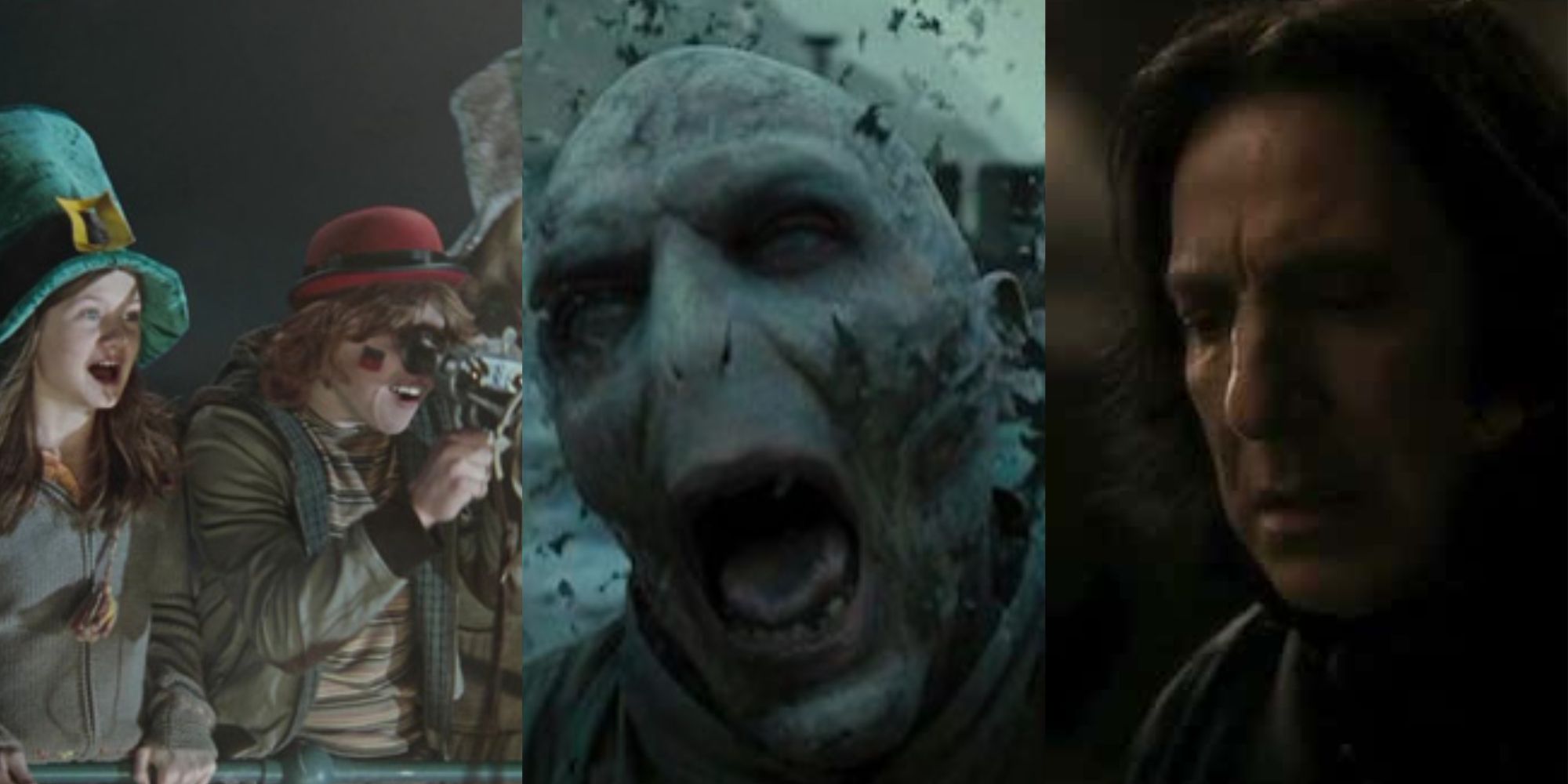 Split Image of Ginny and Ron at the Quidditch World Cup, Voldemort's death, and Snape