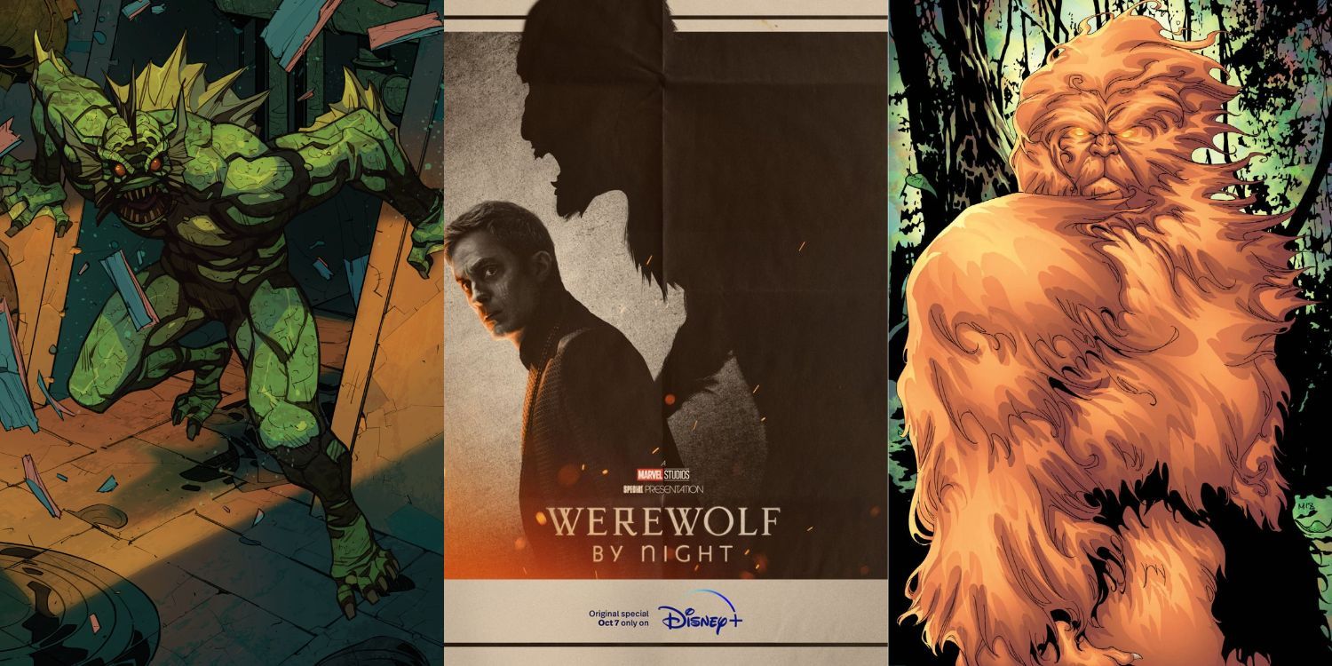 Split Image of Manphibian, Werewolf By Night Poster, and Sasquatch