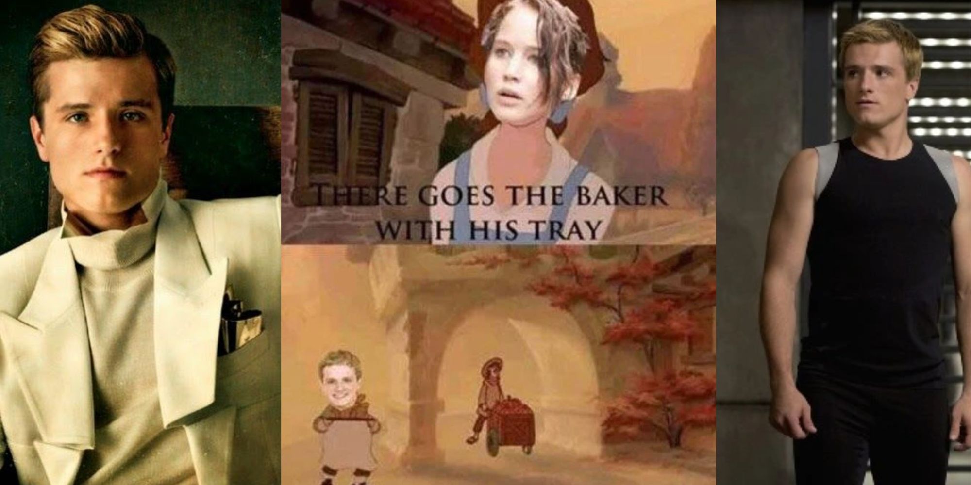 Split Image of Peeta in Mockingjay, Peeta Baker Meme, and Peeta training as a tribute