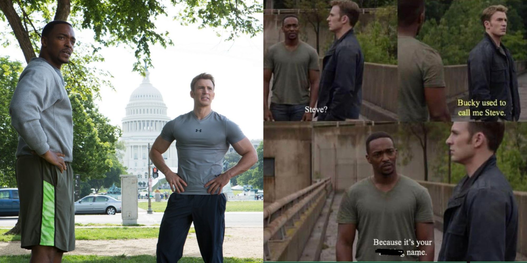 Split Image of Sam and Steve after running in The Winter Solider, and a meme about Sam and Steve