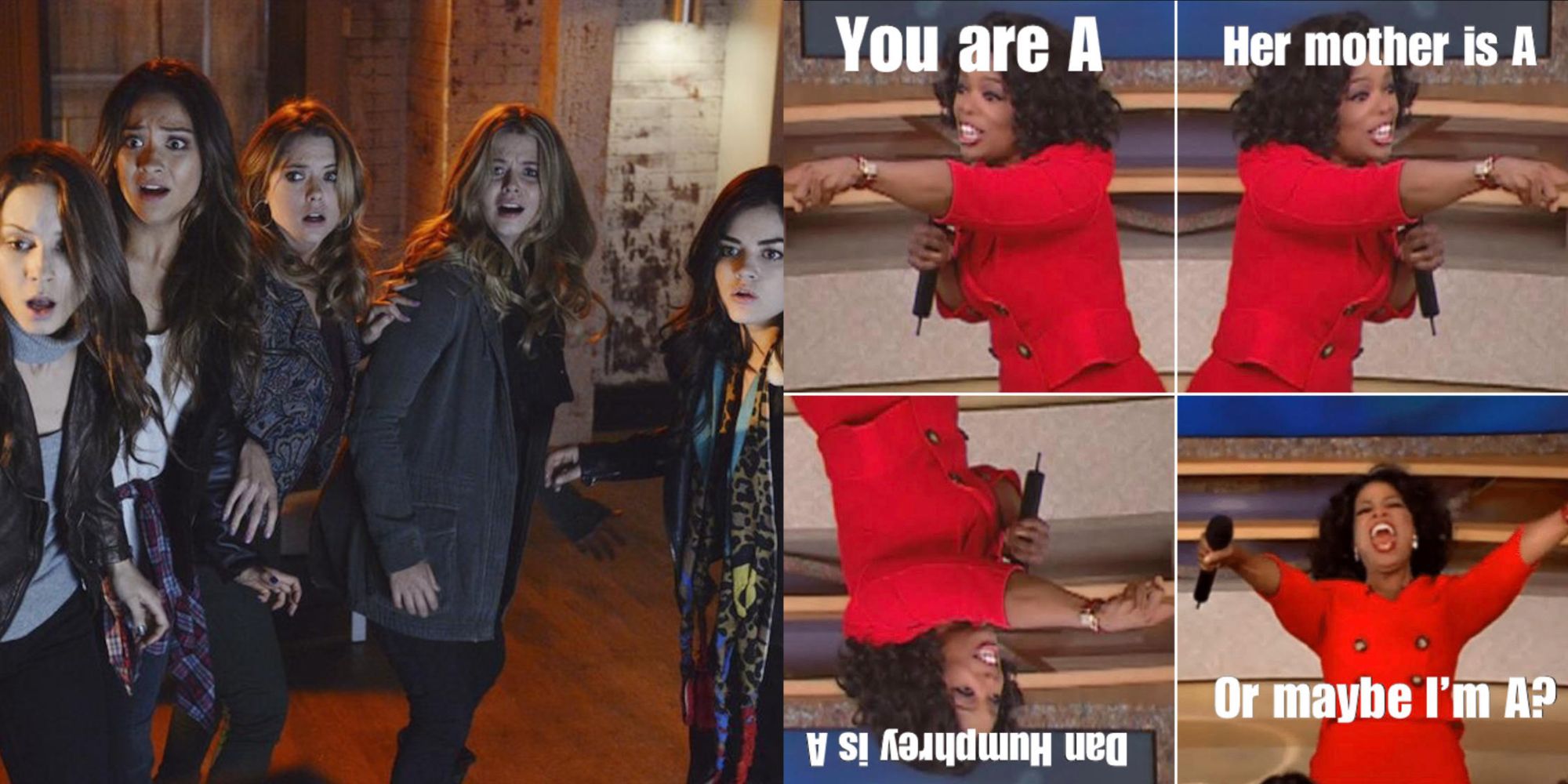 Split Image of Spencer, Emily, Hanna, Alison and Aria looking shocked, and a PLL meme about A