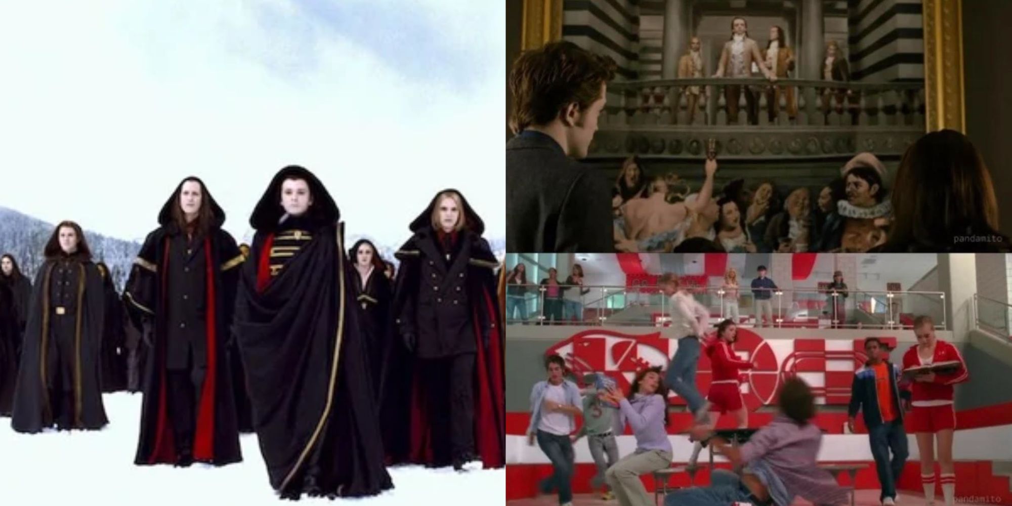 Split Image of the Volturi in Breaking Dawn Part 2, and a Twilight x HSM crossover meme