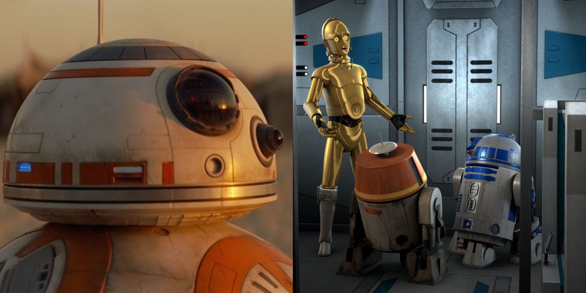 Split image BB-8 and Chopper, C-3PO & R2-D2