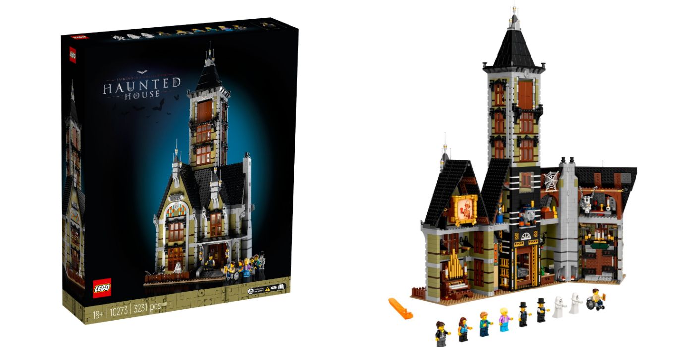 Imagem dividida LEGO Hauted House na caixa e fora da caixa