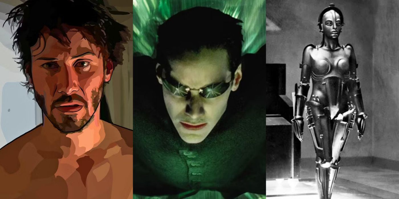 Split image of A Scanner Darkly, The Matrix, and Metropolis