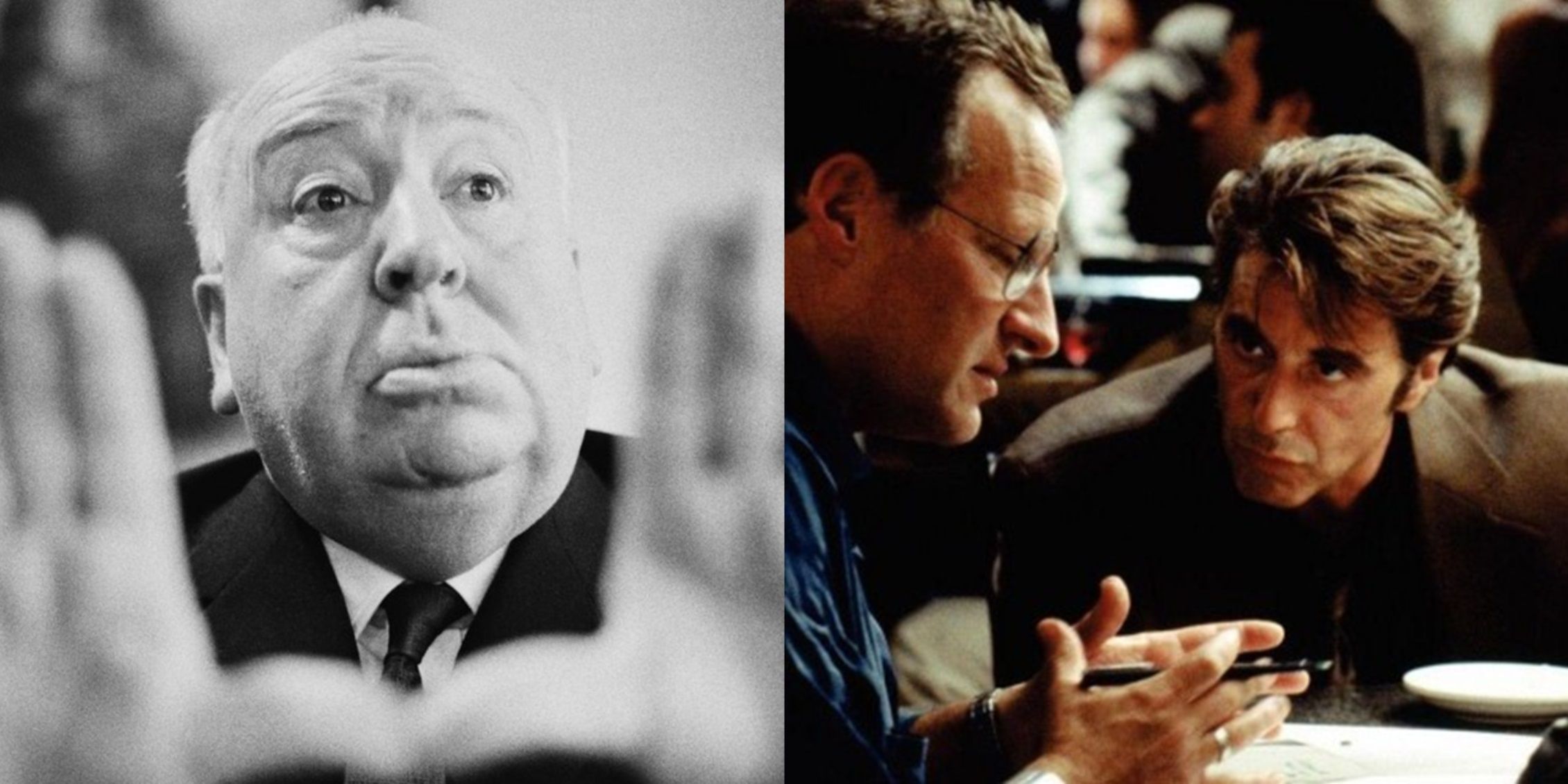 Split image of Alfred Hitchcock framing a shot and Michael Mann directing Al Pacino on the set of Heat