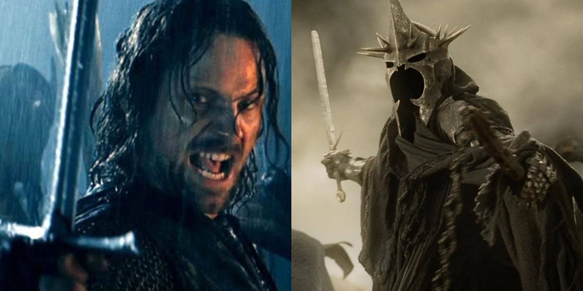 Split image of Aragorn and The Witch-King holding their swords in the Lord of the Rings movies