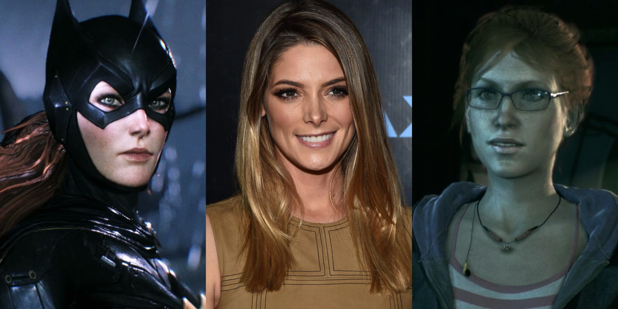Imagem dividida de Ashley Greene e Barbara Gordon como Batgirl e Oracle em Batman Arkham Knight