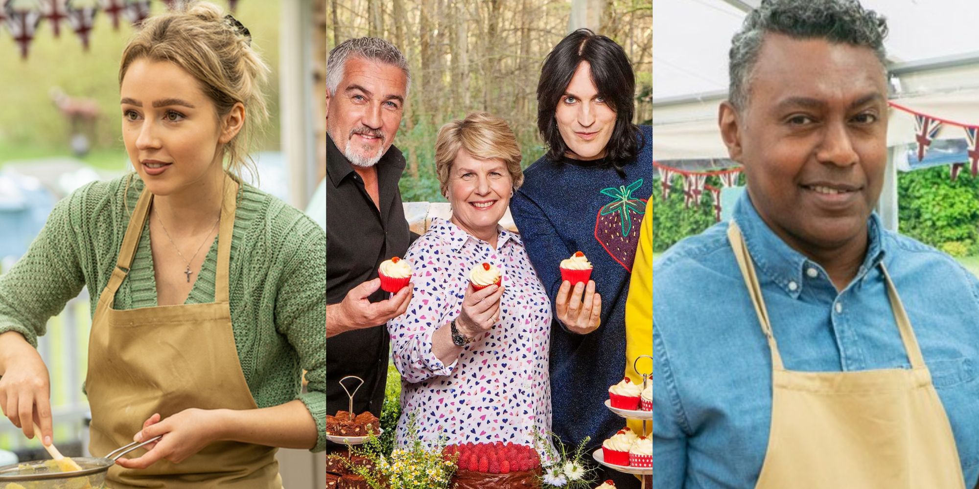 Split image of Bake Off contestants, judges and hosts feature
