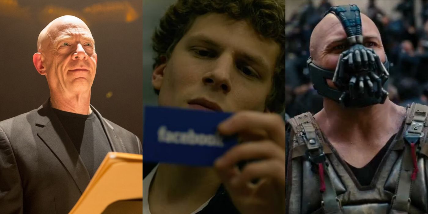 Split image of Bane in The Dark Knight Rises, Mark in The Social Network, and Fletcher in Whiplash1