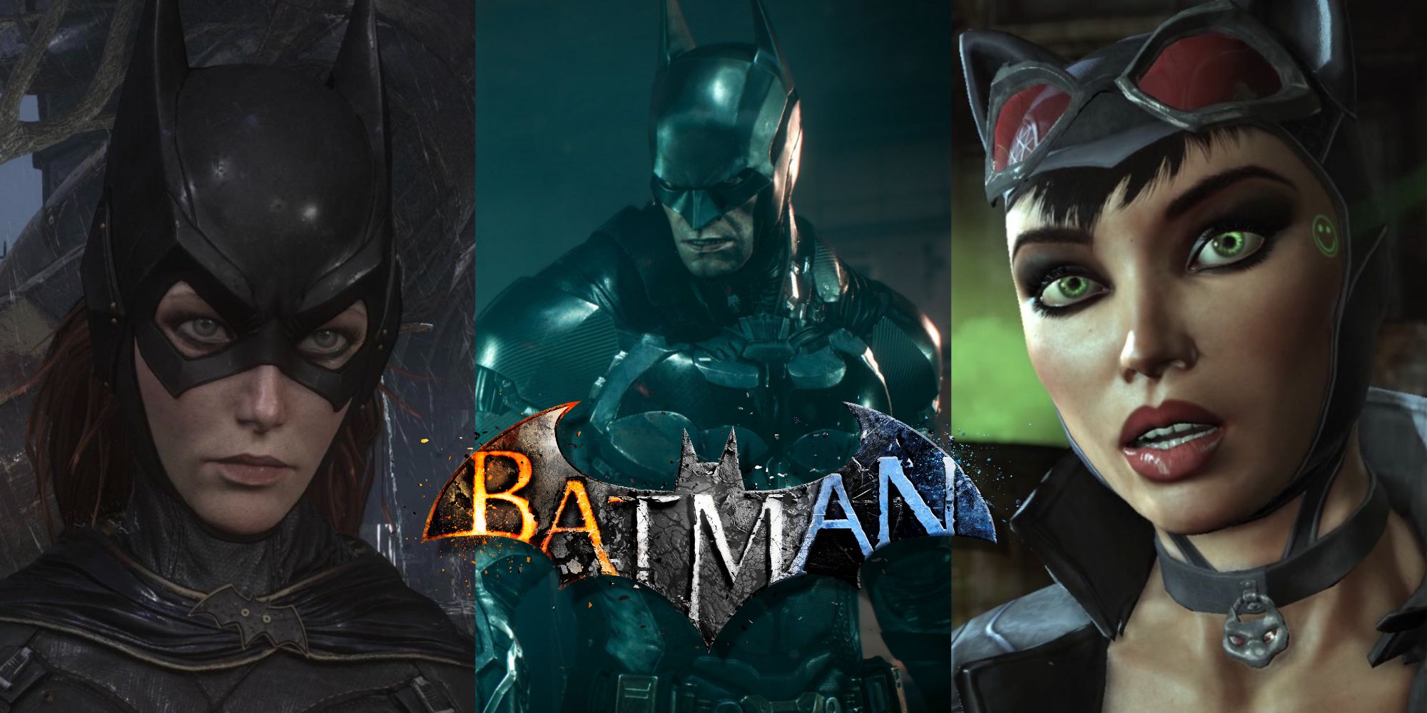 Split image of Batgirl, Batman, and Catwoman across the Batman Arkham games