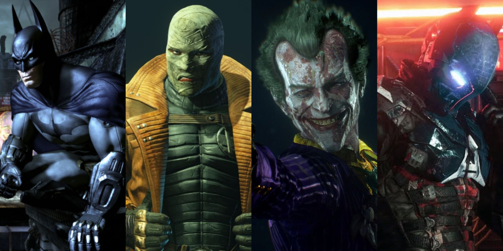 Split image of Batman, Hush, Joker, and the Arkham Knight across the Batman Arkham games