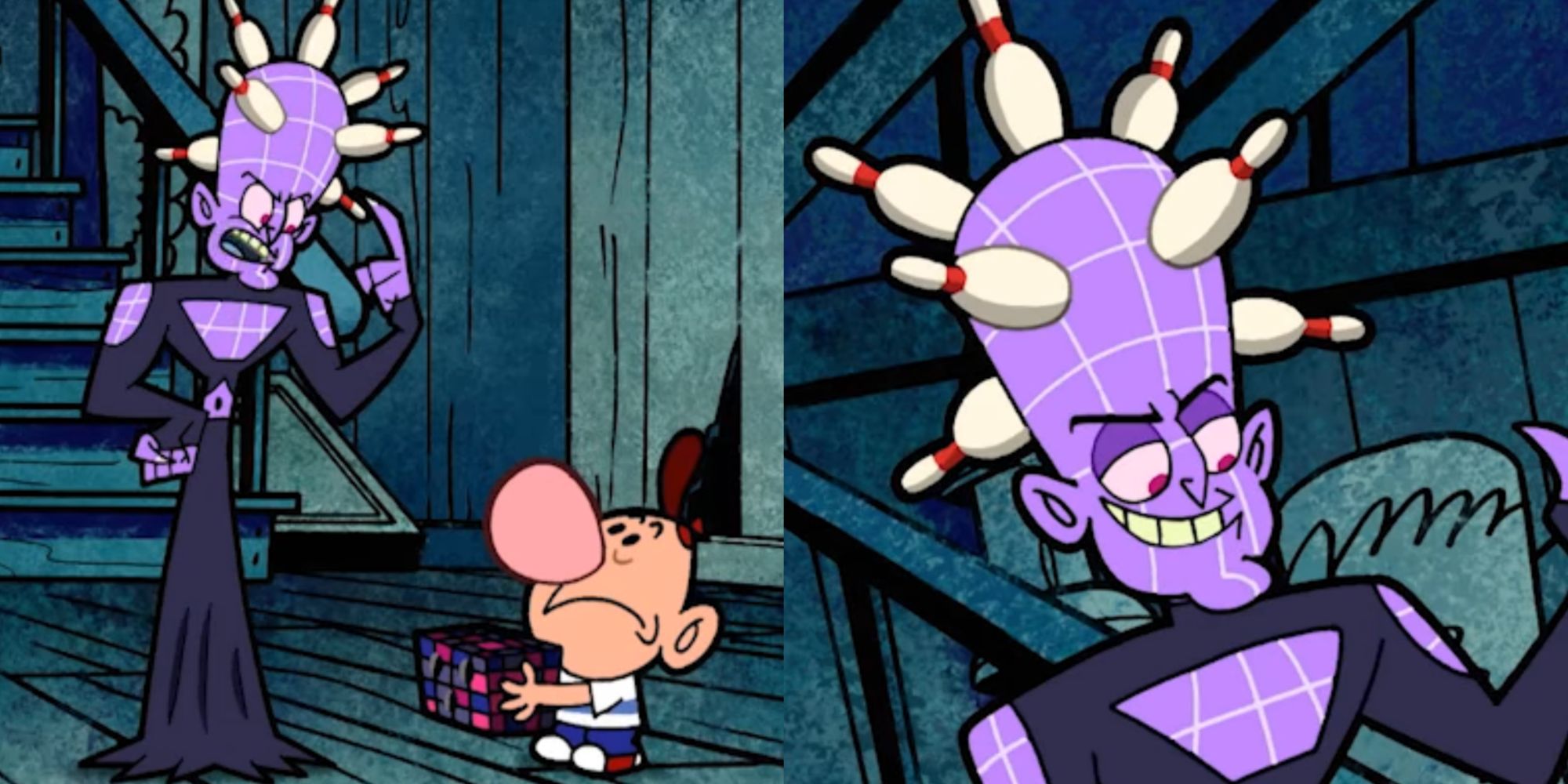 Split image of Billy meeting Pinface (or Pinhead) in The Grim Adventures Of Billy And Mandy