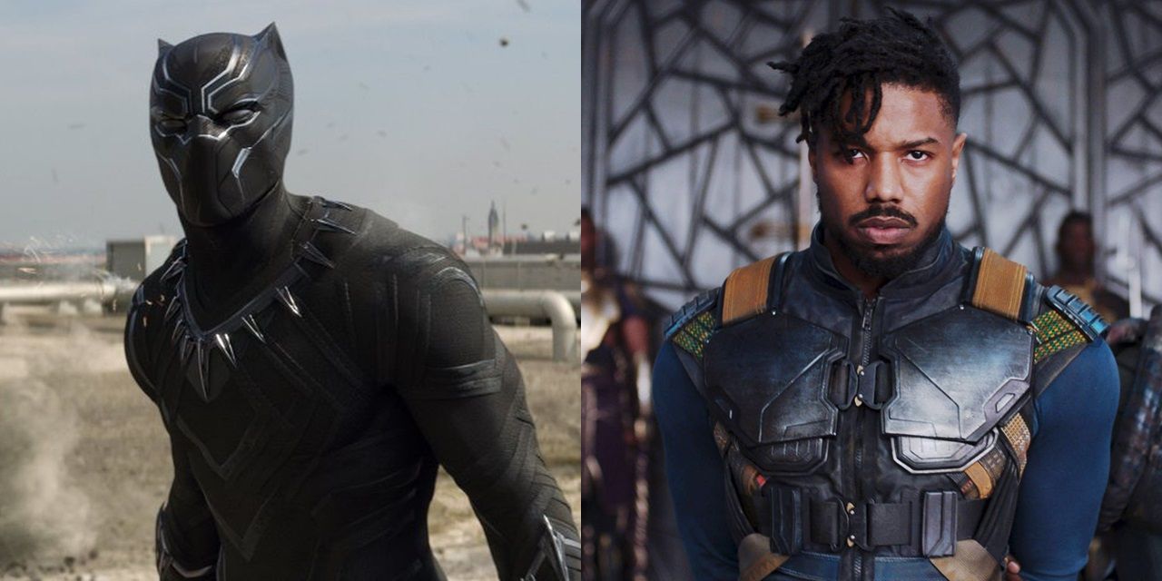 Split image of Black Panther in Civil War and Killmonger in Black Panther