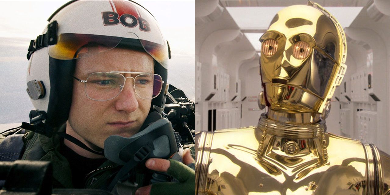 Imagem dividida de Bob em Top Gun Maverick e C-3PO em Star Wars
