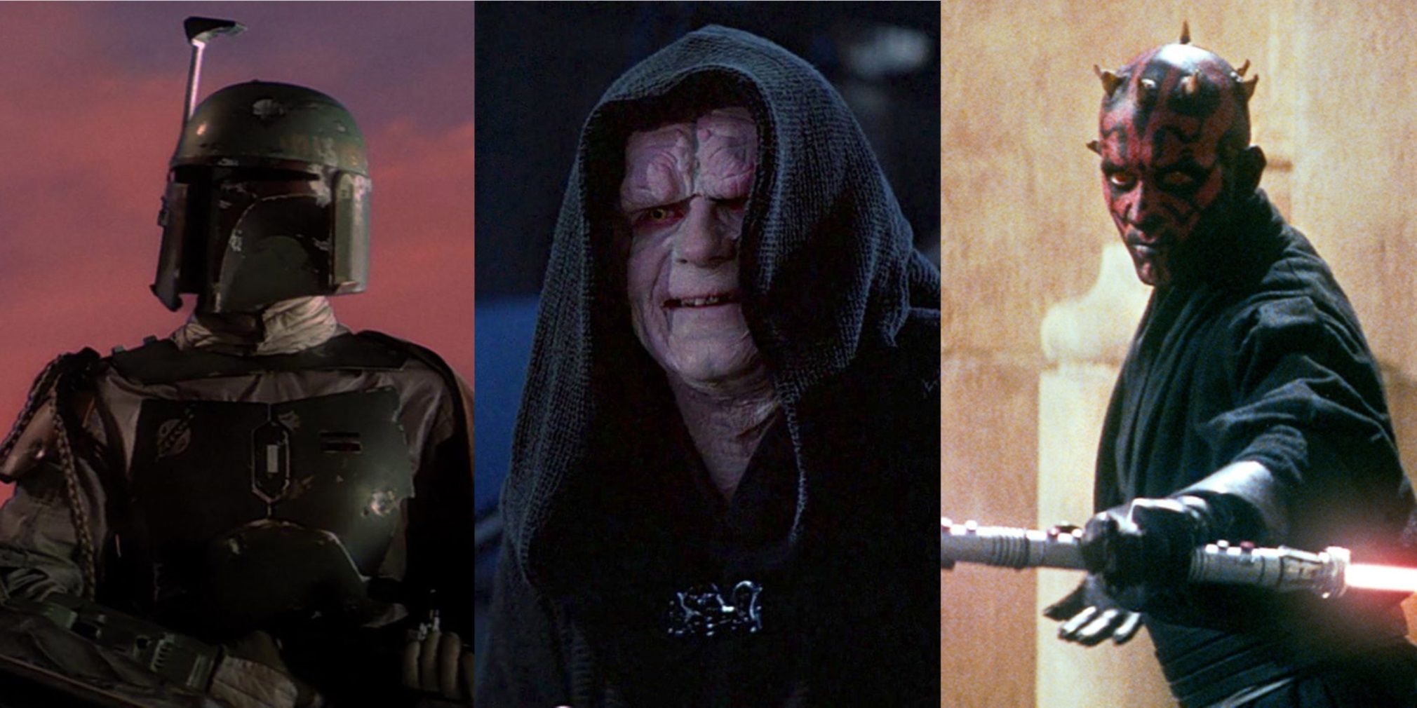 Split image of Boba Fett in The Empire Strikes Back, Emperor Palpatine in Return of the Jedi, and Darth Maul in The Phantom Menace