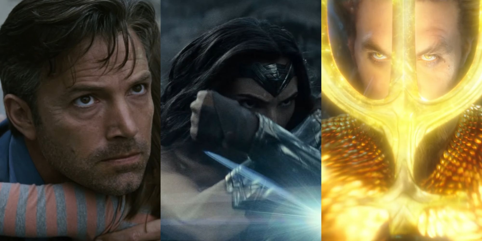 Split image of Bruce Wayne, Wonder Woman, and Aquaman in the DC Extended Universe