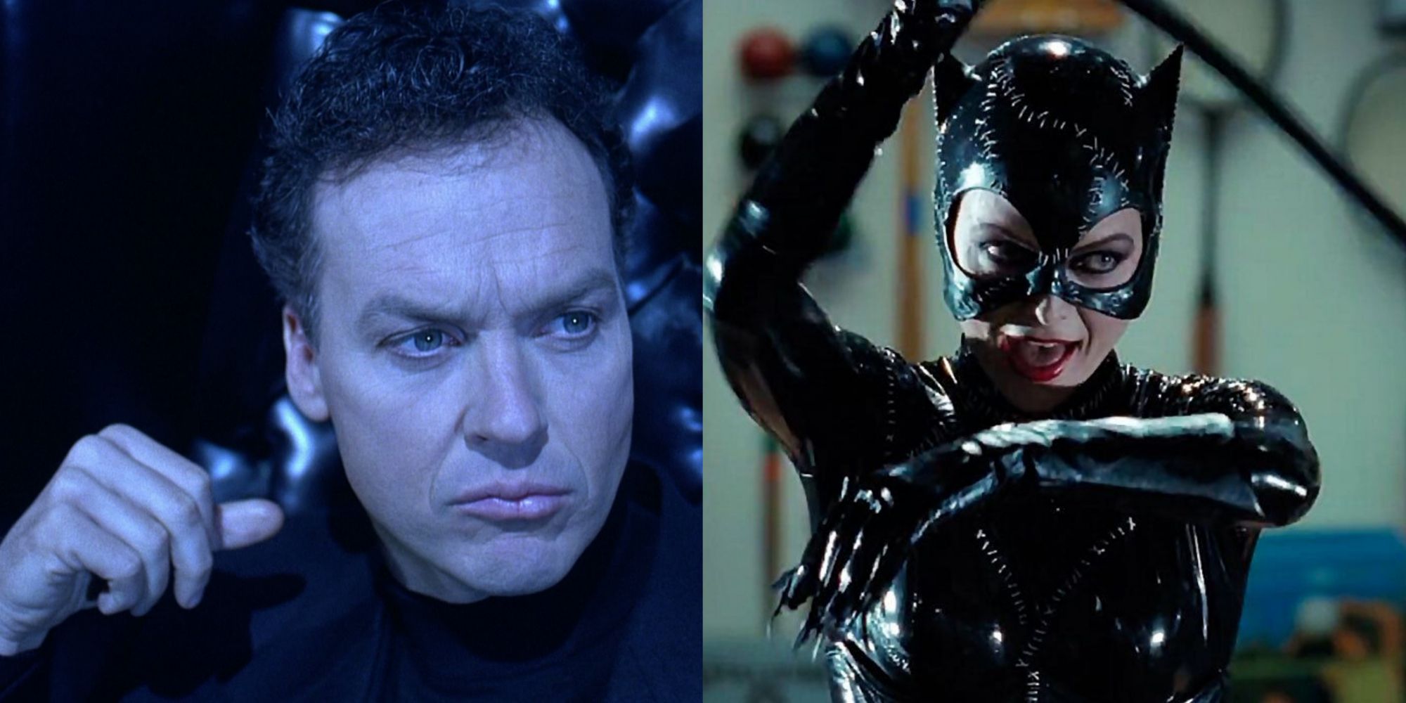 Split image of Bruce Wayne and Catwoman in Batman Returns (1992)
