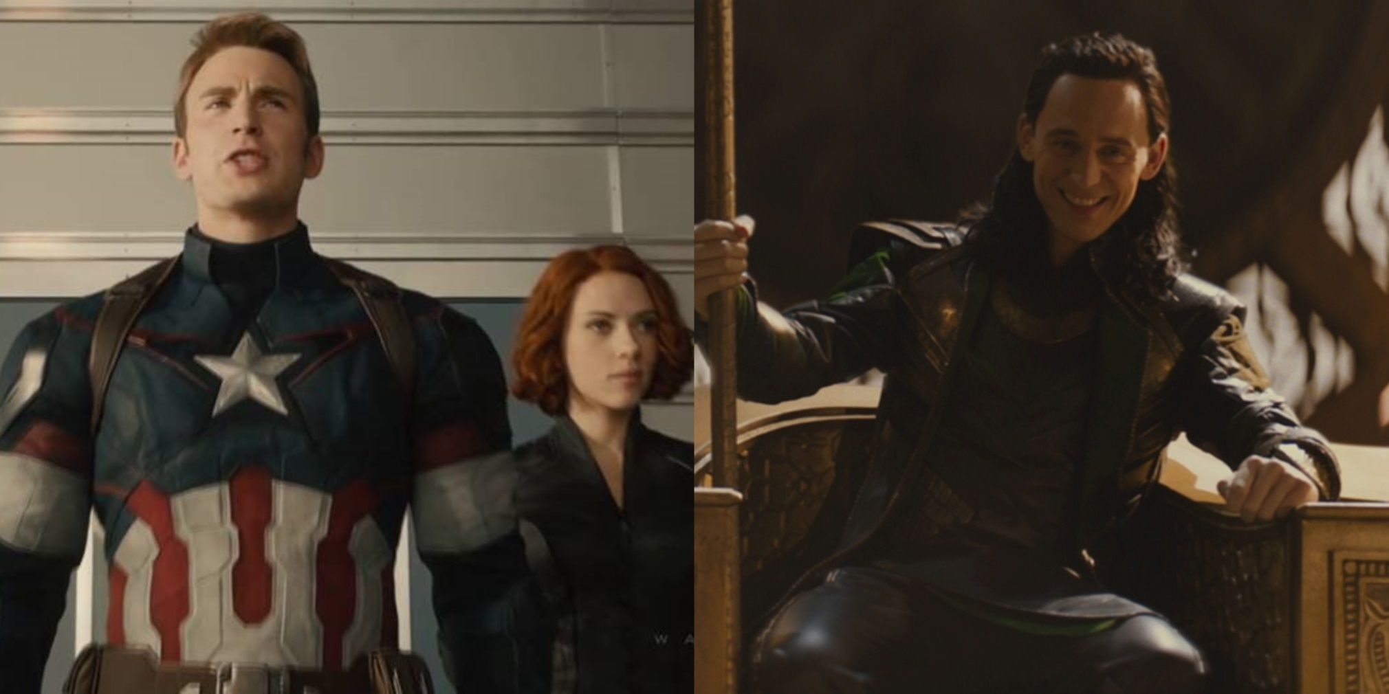 Split image of Cap and Black Widow in Avengers Age of Ultron and Loki in Thor The Dark World