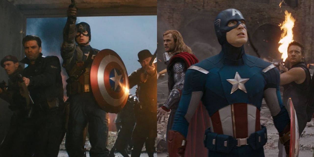 Split image of Cap with his team in Captain America The First Avenger and in The Avengers