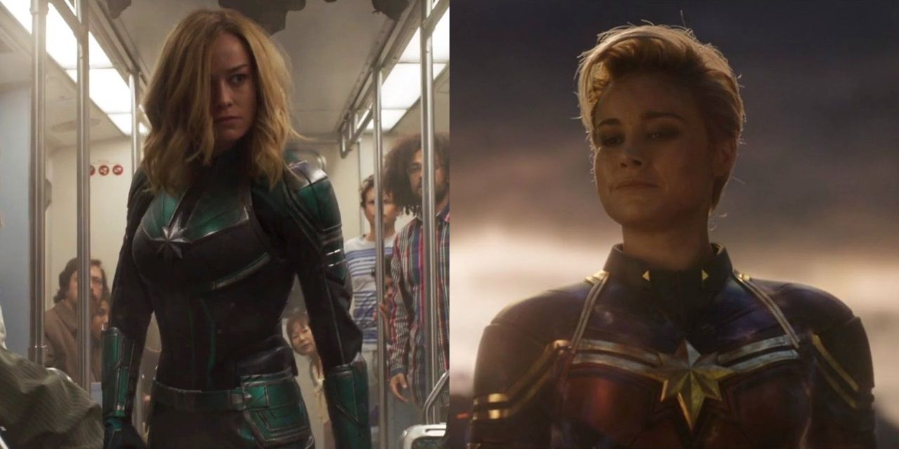 Split image of Captain Marvel on a bus and on the battlefield in Avengers Endgame